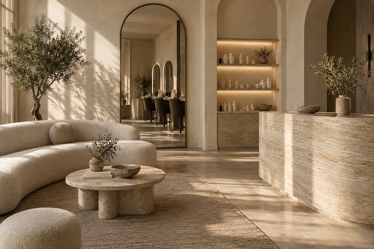 Concept for the future Legacy studio, with warm stone, curved seating and soft natural light